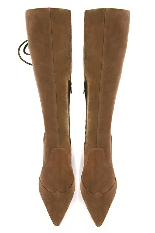 Caramel brown women's knee-high boots, with laces at the back. Tapered toe. Very high block heels. Made to measure. Top view - Florence KOOIJMAN